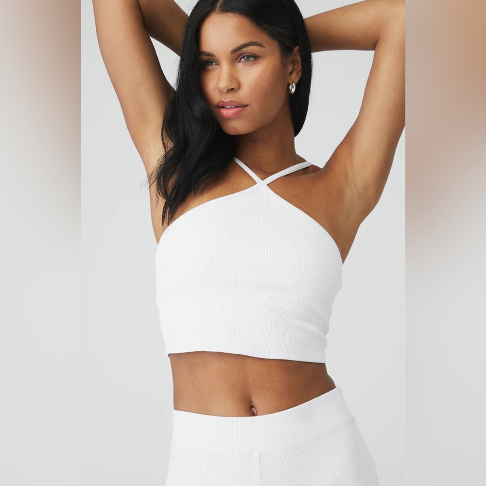 ALO Yoga - Goddess Ribbed Cross Crop Top - White - Size: small